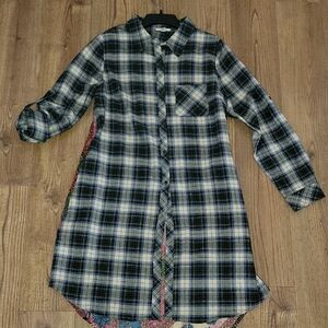 ODDY Plaid High Low Dress -green White Checkered Front Floral Back